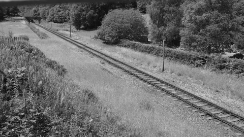 English steam train pulling carriages passes camera, toots horn. Monochrome. Stock Footage 245228055