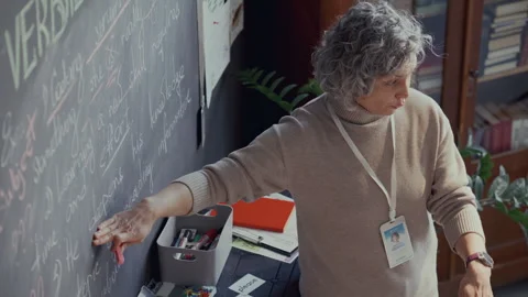 English Teacher Explaining Examples Written on Blackboard during Class Stock Footage 295835375