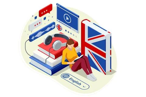 English, UK Isometric person learning a foreign language with a virtual Stockillustratie