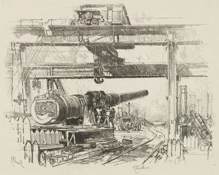 English War Work: Gun-Testing, 1916. Joseph Pennell (American, 1857-1926). .. Illustrazione stock