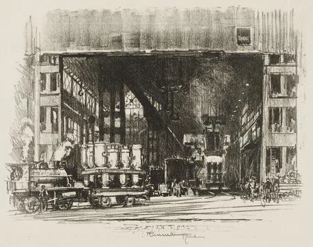 English War Work: The Urns, Casting Big Shells, 1916. Joseph Pennell (Ameri.. Stock Illustration
