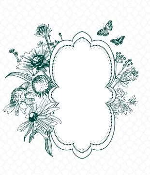 Engrave flowers vector frame sketch meadow design Stock Illustration