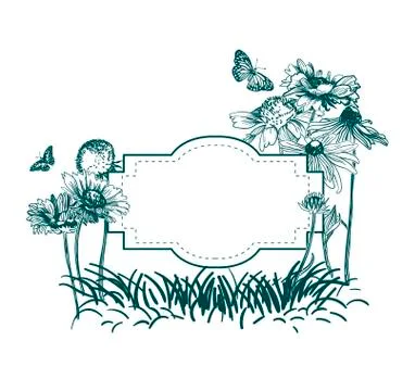 Engrave flowers vector frame sketch meadow design Stock Illustration