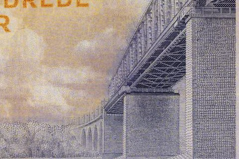 Engraved bridge structure with landscape and text Stock Illustration