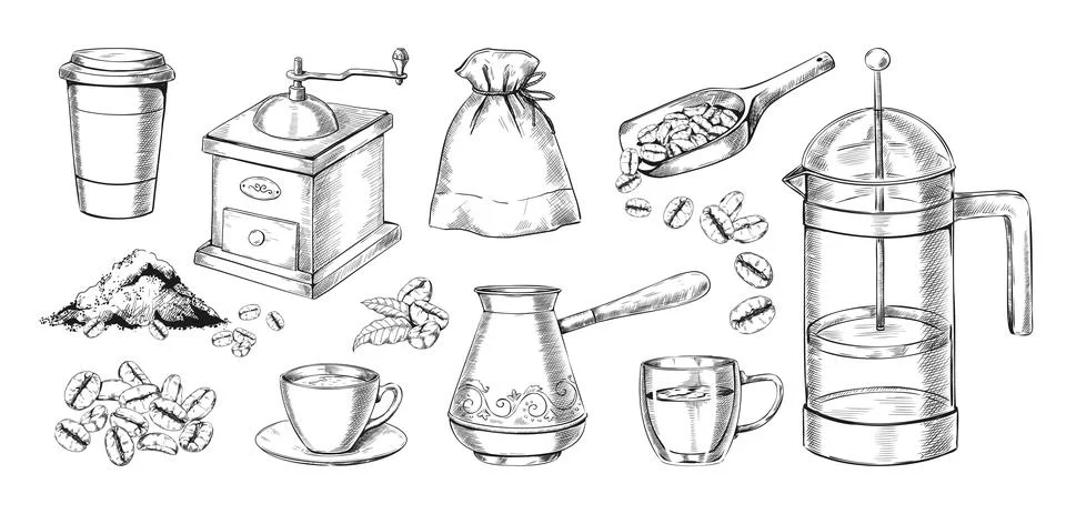 Engraved coffee making. Hand drawn drink preparation process with Arabica beans Stock Illustration