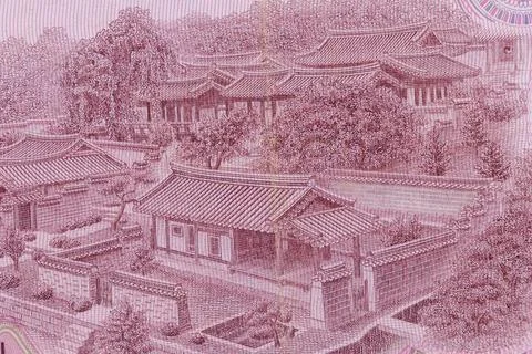 Engraved East Asian Architectural Complex with Foliage Stock Illustration