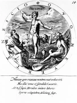 Engraved emblem of Hercules choosing between Virtue and Vice, Vice taking o.. Stock Illustration