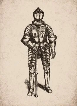 Engraved Gothic Full Suit of Armour Medieval Knight Historical Engraving Stock Illustration
