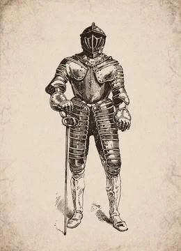 Engraved Gothic Full Suit of Armour and Helmet Historical Engraving Stock Illustration