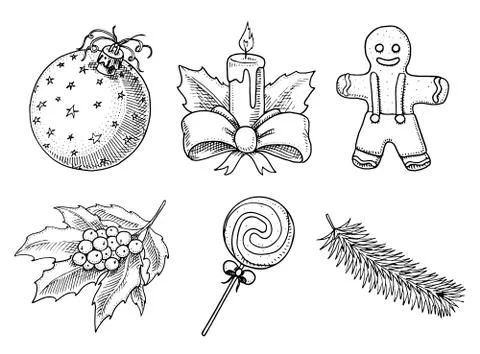 Engraved hand drawn in old sketch and vintage style for label. Merry Christmas Stock Illustration