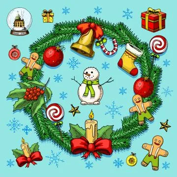 Engraved hand drawn in old sketch and vintage style for label. Merry Christmas Stock Illustration