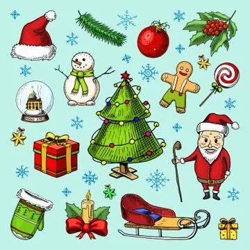 Engraved hand drawn in old sketch and vintage style for label. Merry Christmas Stock Illustration