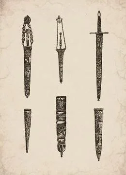 Engraved Historic Ornate Dagger and Scabbard Hilts Historical Engraving Stock Illustration