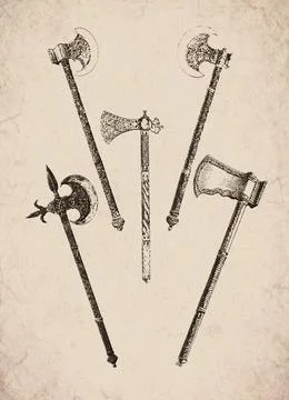 Engraved Historic Ornate Eastern and Indian Poleaxes and Battle Axes Histor.. Stock Illustration