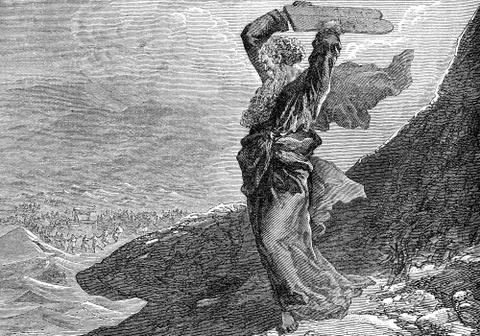 An engraved illustration image of Moses breaking the two tablets of stone, Stock Illustration