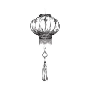 Engraved japanese lantern with decorative elements tassel, vector hand drawn Stock Illustration