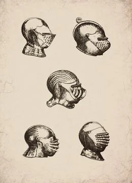 Engraved Medieval and Renaissance Helmets Historical Engraving Stock Illustration