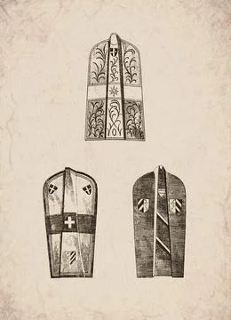 Engraved Medieval Shields and Heraldic Defensive Elements Historical Engravin Stock Illustration