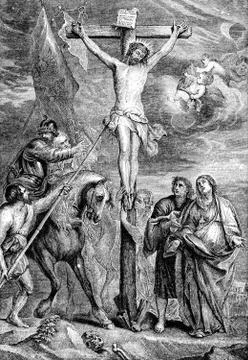 An engraved New Testament Bible Easter illustration image of  The Crucifixion Stock Illustration