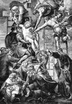 An engraved New Testament Bible Easter illustration image of  The Crucifixion Stock Illustration