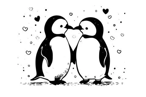 Engraved Penguin Couple Vector Sketch. Cute Winter Illustration, Antarctic Bird. Stock Illustration