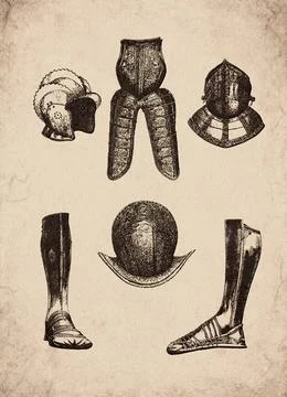 Engraved Renaissance Armour Elements and Greaves Historical Engraving Illustrazione stock
