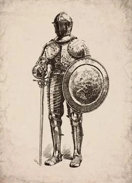 Engraved Renaissance Knight with Shield and Helmet Historical Engraving Stock Illustration