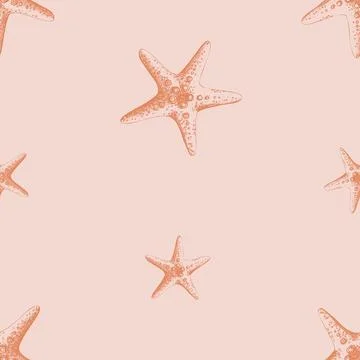 Engraved starfish pattern in a seamless repeat style. Hand drawn marine animal Stock Illustration