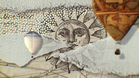 Engraved sun face between hot air balloons over torn paper Stock Footage 346778188