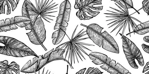 Engraved tropical leaf seamless pattern. Botany texture in hand drawn style.  Stockillustratie