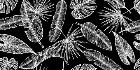 Engraved tropical leaf seamless pattern. Botany texture in hand drawn style.  스톡 일러스트