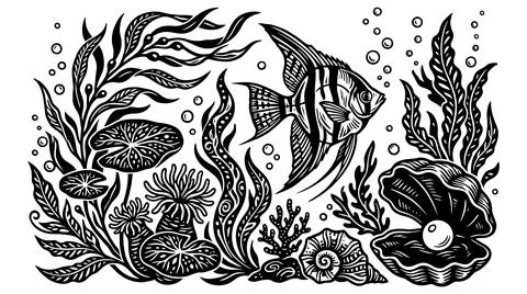 Engraved underwater scene featuring exotic fish pearl shells aquatic flora Stock Illustration
