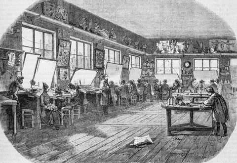 Engraver workshop of the Paris table, Paris table by Edmond Texier, Publisher Stock Illustration