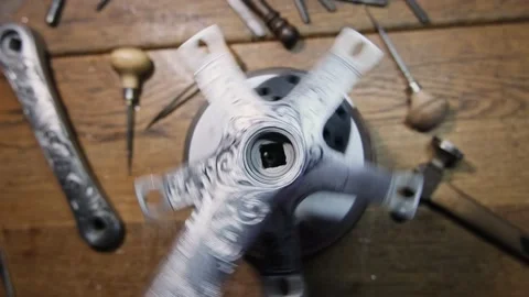 Engraver's workbench, the subject clamped in a vise. Hand engraved ornaments Video stock 235206528