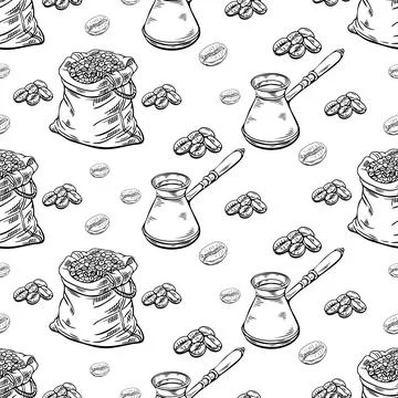 Engraving, bag of coffee beans, vector illustration in color and line sketc.. 库存插图