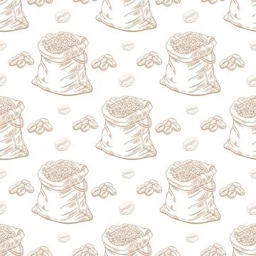 Engraving, bag of coffee beans, vector illustration in color and line sketc.. Stock Illustration