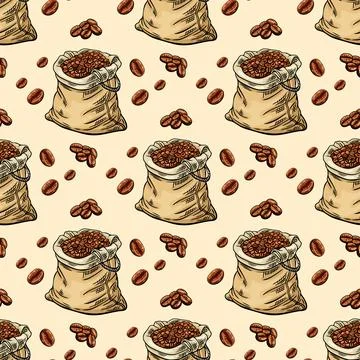 Engraving, bag of coffee beans, vector illustration in color and line sketc.. 스톡 일러스트