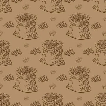 Engraving, bag of coffee beans, vector illustration in color and line sketc.. イラスト素材