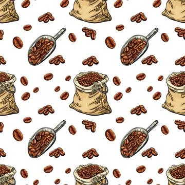 Engraving, bag of coffee beans, vector illustration in color and line sketc.. Illustrazione stock