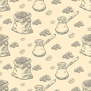 Engraving, bag of coffee beans, vector illustration in color and line sketc.. Illustrazione stock