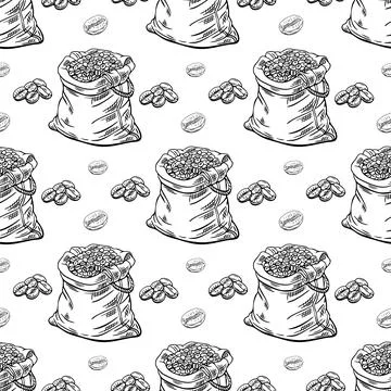 Engraving, bag of coffee beans, vector illustration in color and line sketc.. Stock Illustration