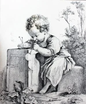 Engraving of cute child making soap bubbles from a vintage book Madame de Pom Stock-Illustration
