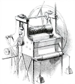  Engraving depicting a process in bookbinding: embossing press for decorat... Stock Photos