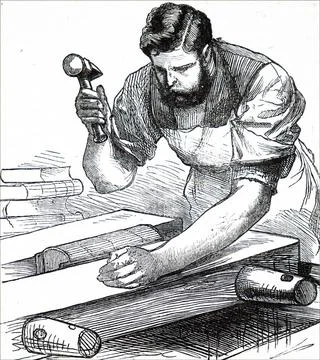  Engraving depicting a process in bookbinding: rounding the back of sewn s... Stock Photos