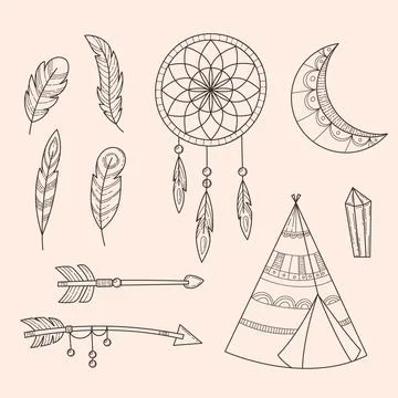 Engraving hand drawn boho element set Stock Illustration