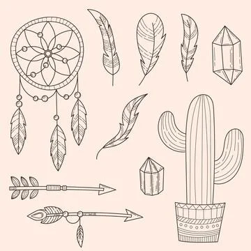 Engraving hand drawn boho element collection Stock Illustration