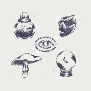 Engraving hand drawn boho element collection Stock Illustration