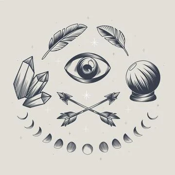 Engraving hand drawn boho element collection Stock Illustration