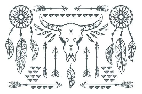 Engraving hand drawn boho elements collection Stock Illustration