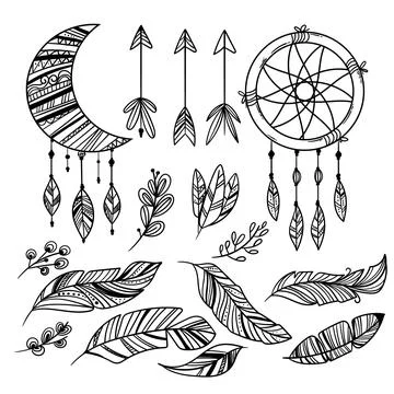 Engraving hand drawn boho elements collection Illustrazione stock